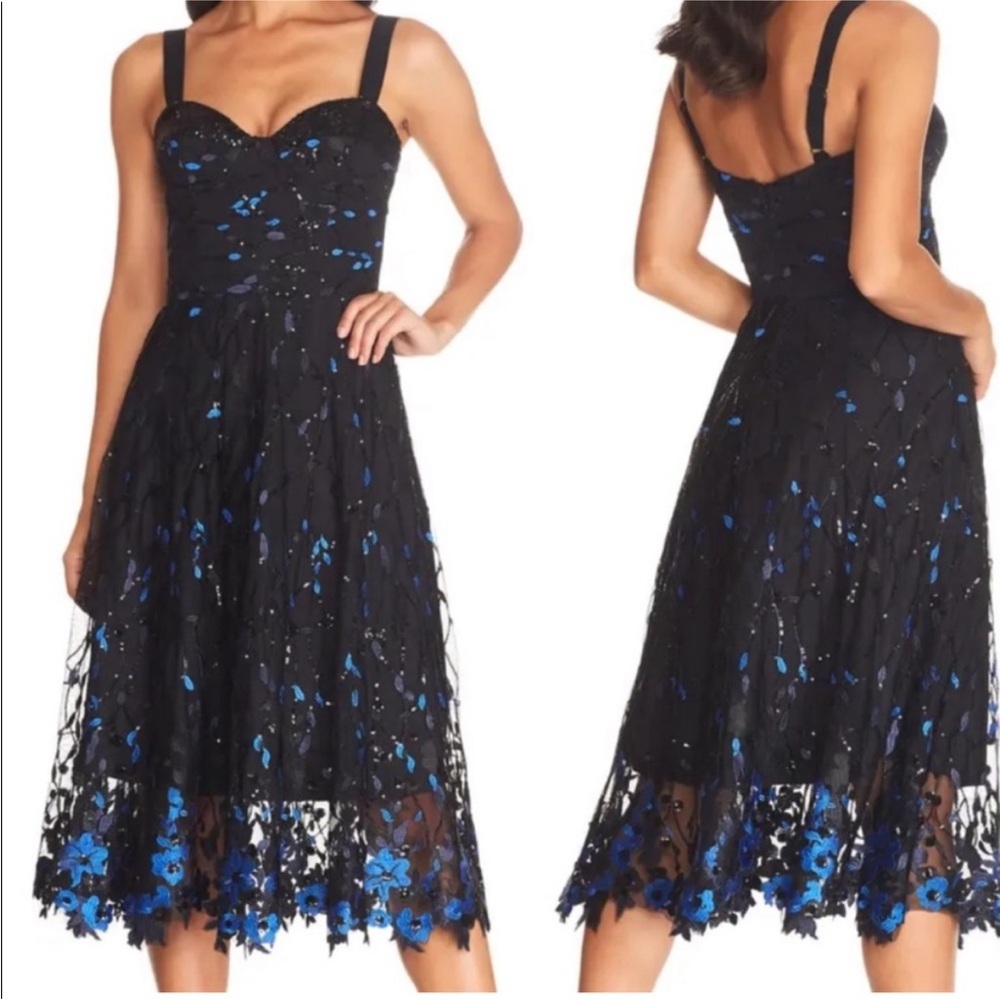Dress the Population Corina dress embellished midi in black and blue sz xs